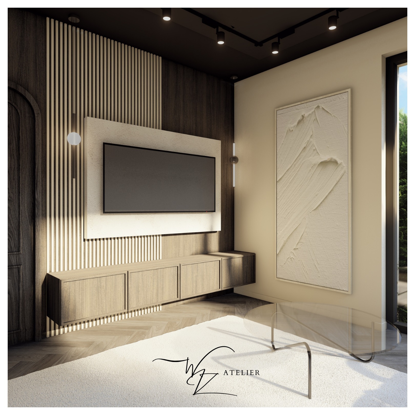 Wizualizacja salonu z drewnianą ścianą z lamelami, podwieszaną szafką RTV, nowoczesnym obrazem z fakturą i szklanym stolikiem kawowym, oświetlenie punktowe na suficie.