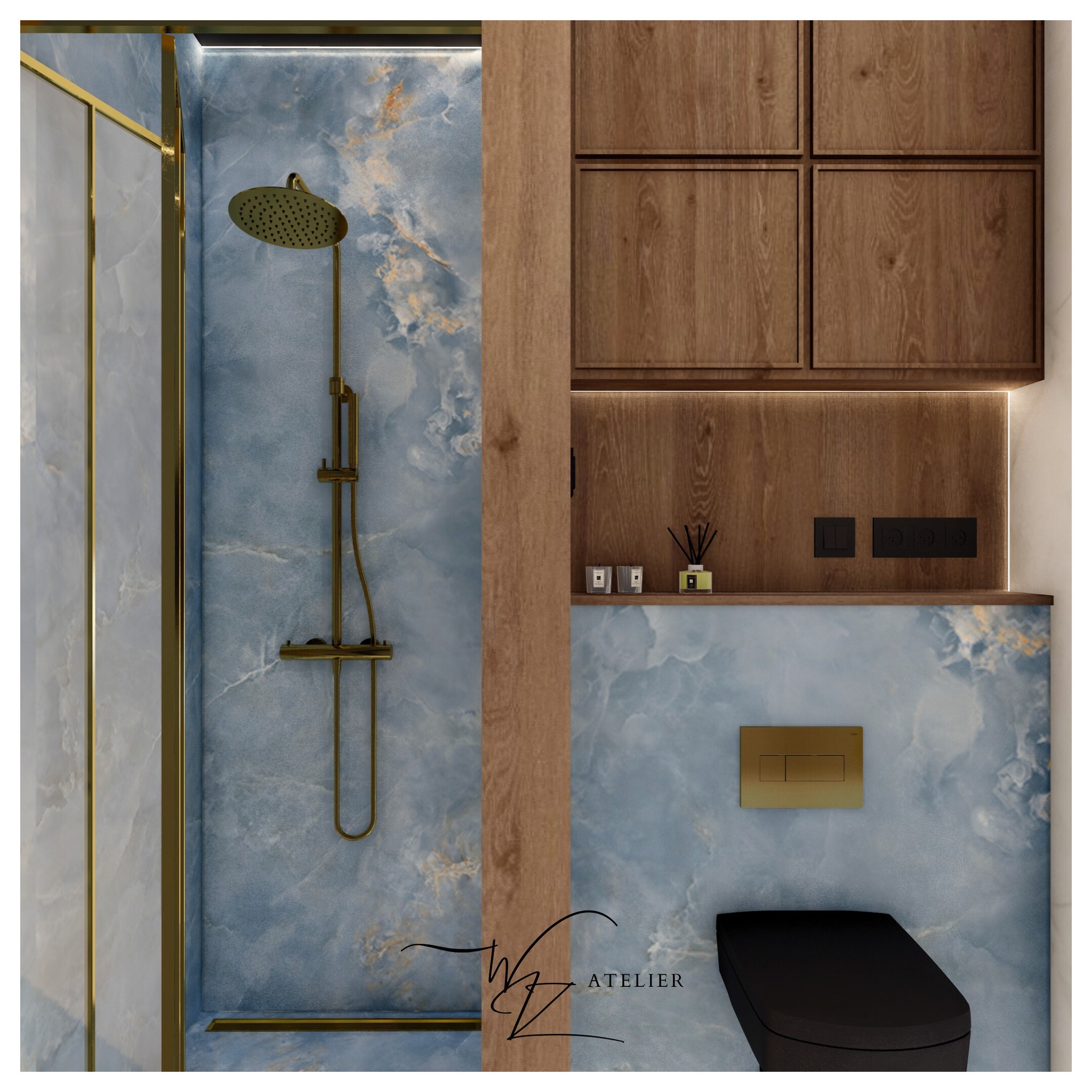 Wizualizacja łazienki w Białymstoku z kabiną prysznicową, armaturą w kolorze starego złota i zabudową meblową z drewnianymi frontami, podświetlona listwą LED.