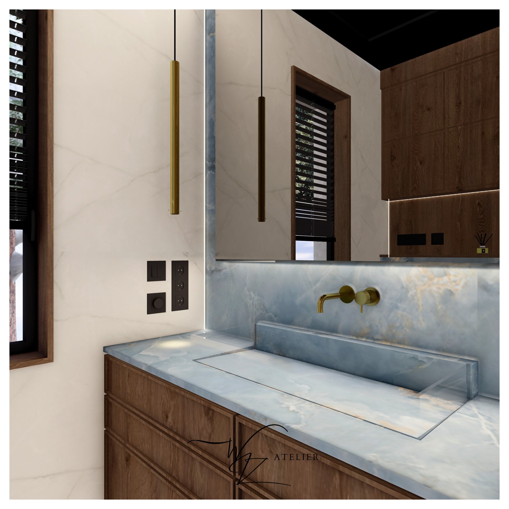 Nowoczesna łazienka z marmurowym blatem i wpuszczaną umywalką, minimalistyczna złota bateria ścienna, podświetlane lustro i drewniane szafki z szufladami oraz designerskie lampy wiszące.