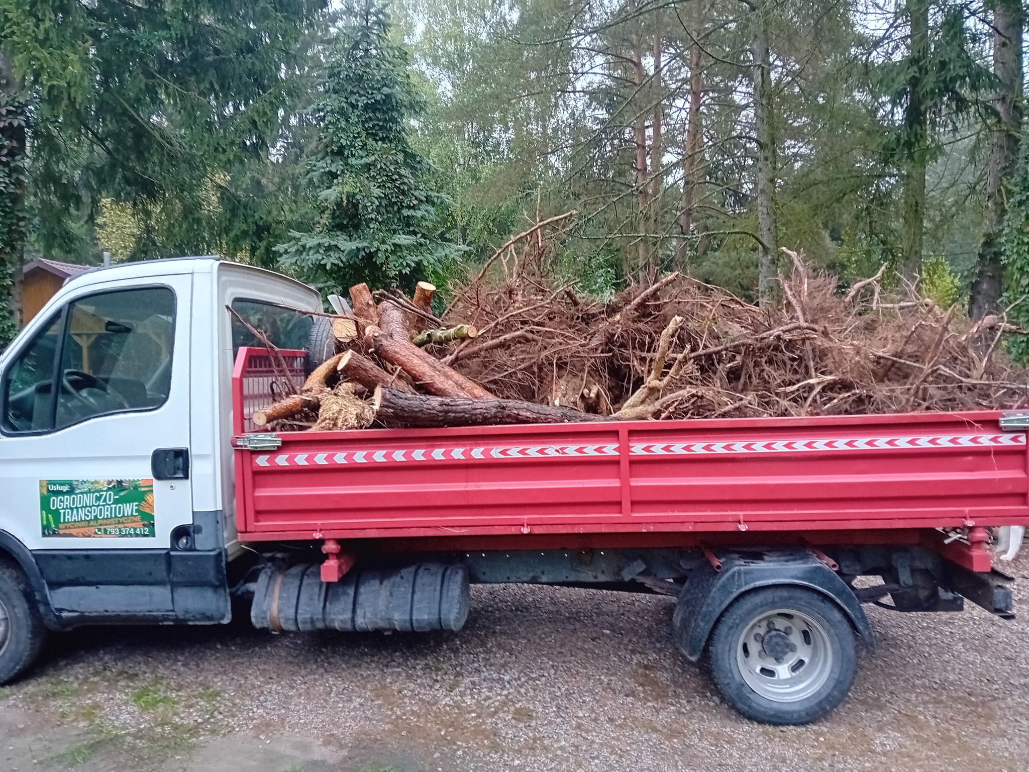 Ciężarówka z czerwoną skrzynią załadowana pociętymi gałęziami i korzeniami drzew na tle lasu.