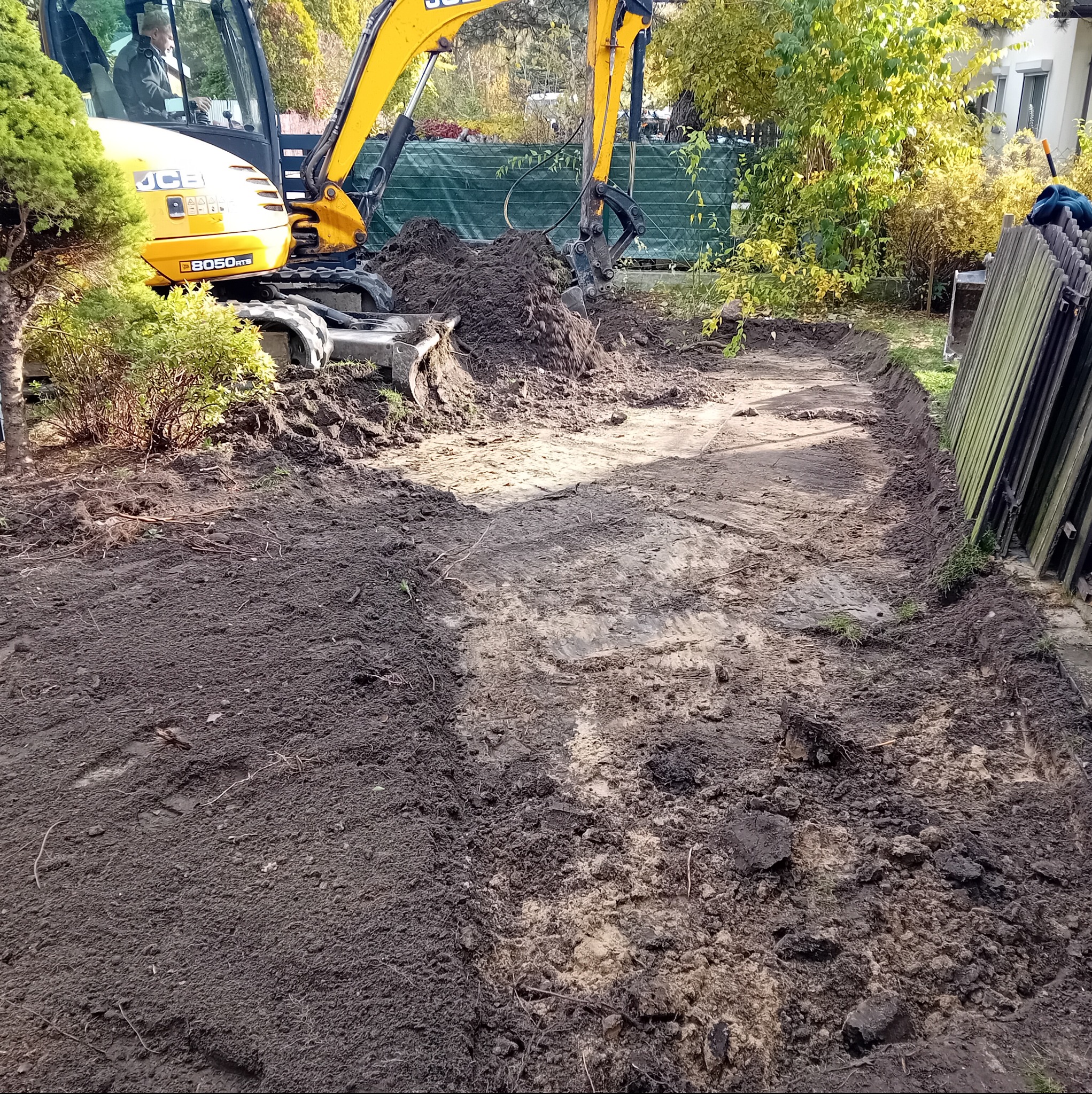 Żółta koparka JCB 8050 RTS w trakcie prac ziemnych w ogrodzie, wyrównywanie terenu pod trawnik, widoczne świeżo przekopane rabaty i fragmenty ogrodzenia.