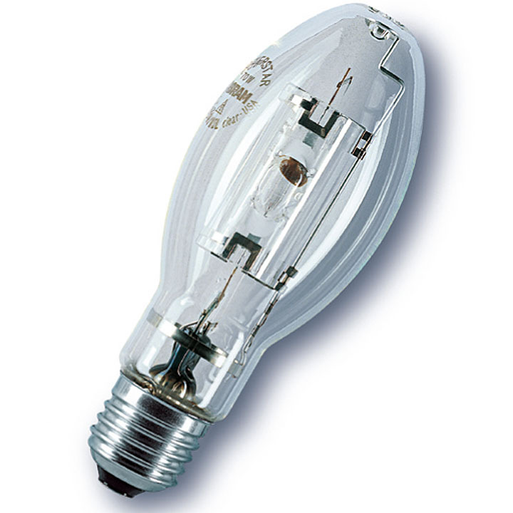 Lampa metalohalogenkowa OSRAM POWERSTAR 70W, widoczne wewnętrzne elementy konstrukcyjne i gwint, na białym tle.