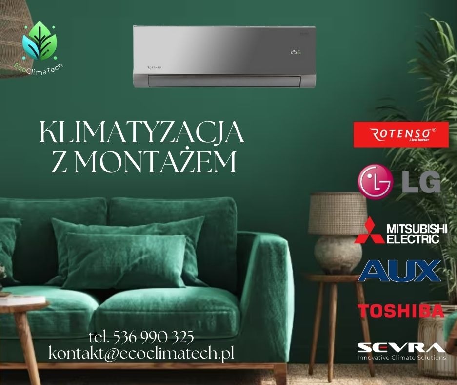 Nowoczesna klimatyzacja Rotenso w stonowanym, szarym kolorze, zamontowana w eleganckim wnętrzu z zielonymi ścianami i pluszową kanapą, obok logotypy producentów i firm z branży klimatyzacji.