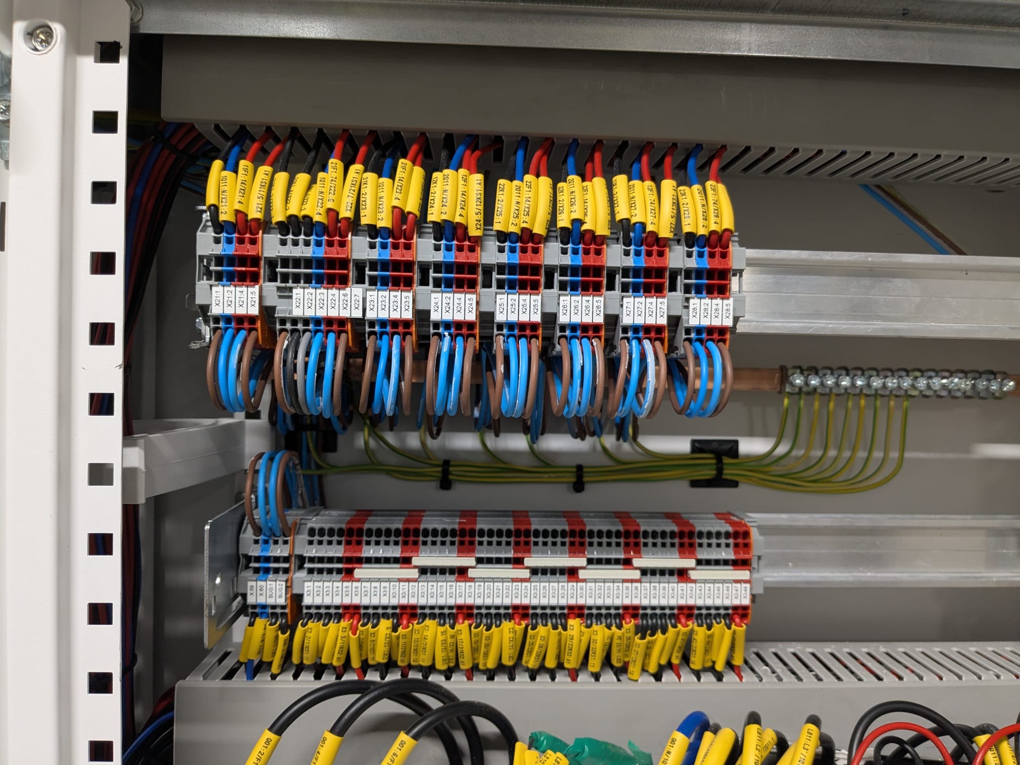 Rozdzielnica elektryczna z precyzyjnie ułożonymi przewodami oznaczonymi żółtymi etykietami, widoczne listwy zaciskowe i szyny DIN wewnątrz szafy sterowniczej.