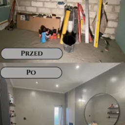 Zdjęcie 'przed' i 'po' przedstawiające łazienkę w trakcie i po remoncie. Pierwsza część ukazuje surowe mury z betonu komórkowego, narzędzia i nieporządek. Druga część prezentuje gotową, nowoczesną...