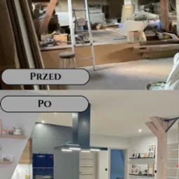 Porównanie stanu poddasza przed i po adaptacji na nowoczesną kuchnię z wyspą, drewnianymi krzesłami barowymi i elementami konstrukcyjnymi wkomponowanymi w wystrój.