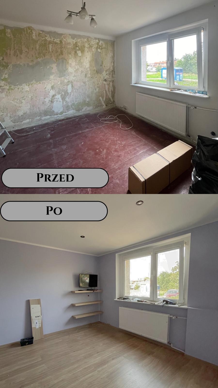 Porównanie 'przed' i 'po' remontu pokoju: widoczne zmiany w wyglądzie ścian (z usuniętą starą farbą i nałożoną nową, jednolitą warstwą), podłogi (z ciemnej na jasną), dodane półki narożne...