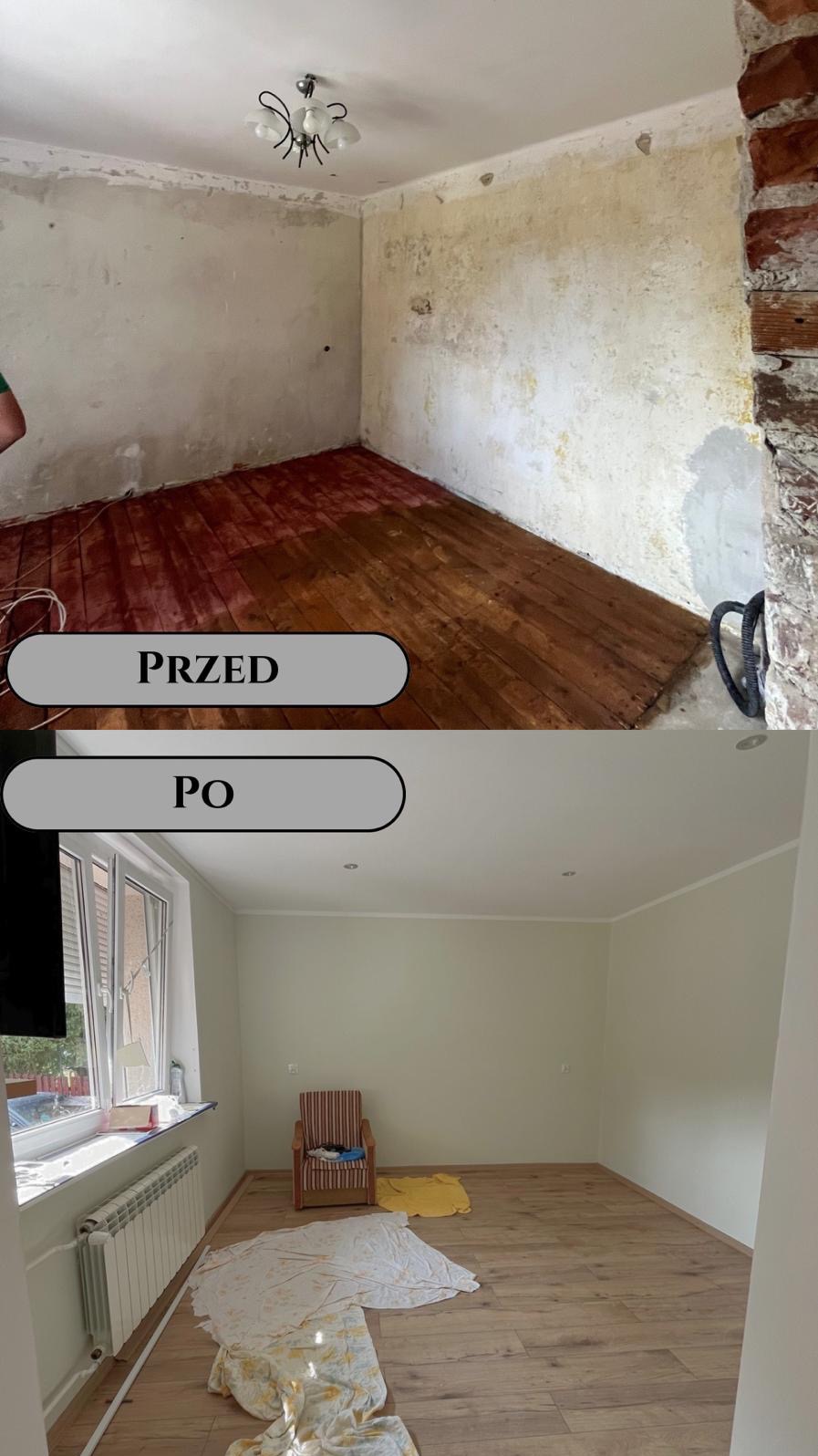 Porównanie stanu pokoju przed i po remoncie: surowe ściany i czerwona podłoga (przed) kontra świeżo pomalowane ściany, jasna podłoga z paneli i pojedynczy fotel (po).
