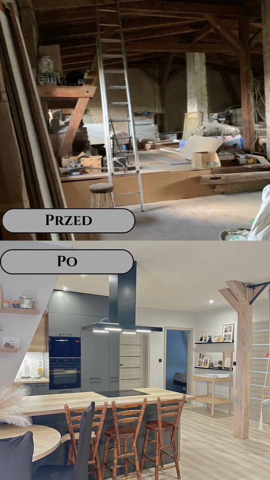 Porównanie stanu poddasza przed i po adaptacji na nowoczesną kuchnię z wyspą, drewnianymi krzesłami barowymi i elementami konstrukcyjnymi wkomponowanymi w wystrój.