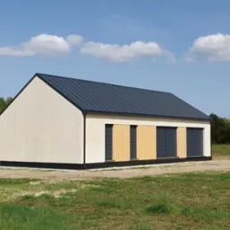 Gotowy, parterowy dom z płaskim, ciemnoszarym dachem na działce z młodą trawą, widoczne drewniane panele między oknami.