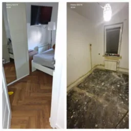 Porównanie stanu pokoju przed i po: po lewej stronie ułożone panele podłogowe w jodełkę, szafa z lustrem, łóżko i telewizor; po prawej stronie surowa podłoga po zerwaniu starej nawierzchni, ślady...