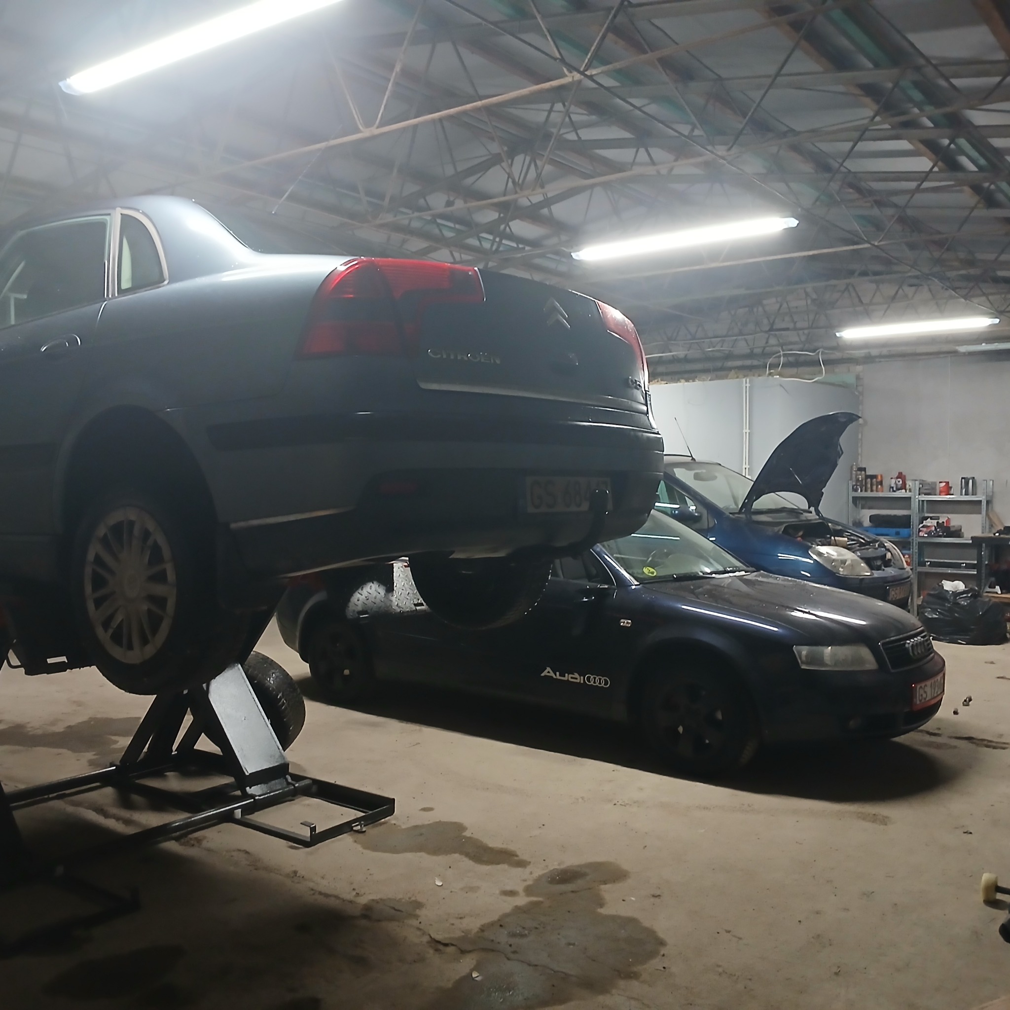 Citroen na podnośniku w warsztacie, widoczne Audi i Ford z otwartą maską w tle, oświetlenie jarzeniowe.