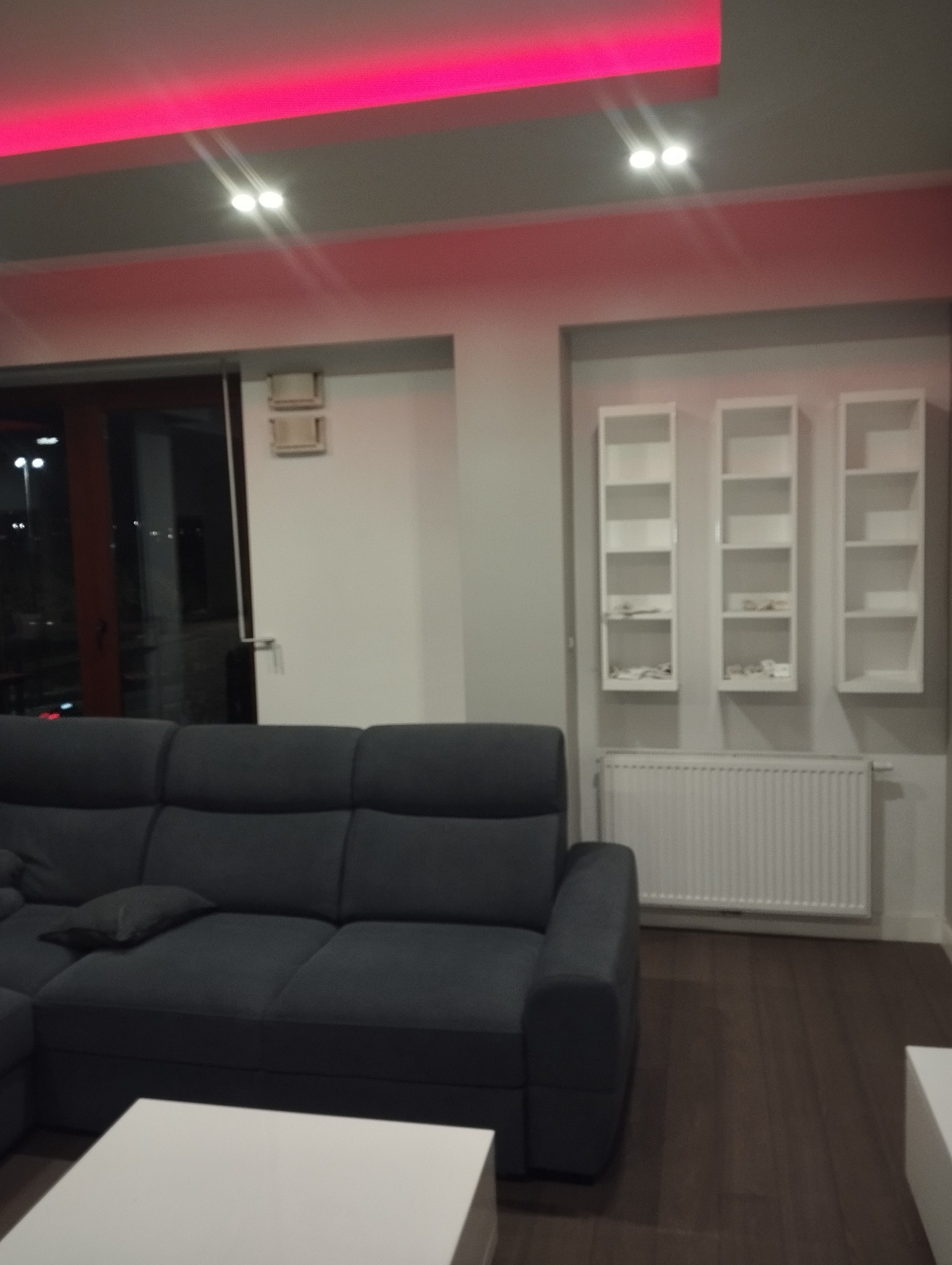 Nowoczesne wnętrze z szarą sofą, białymi regałami i grzejnikiem. Czerwone oświetlenie sufitowe dodaje charakteru. Widoczne drewniane panele podłogowe.
