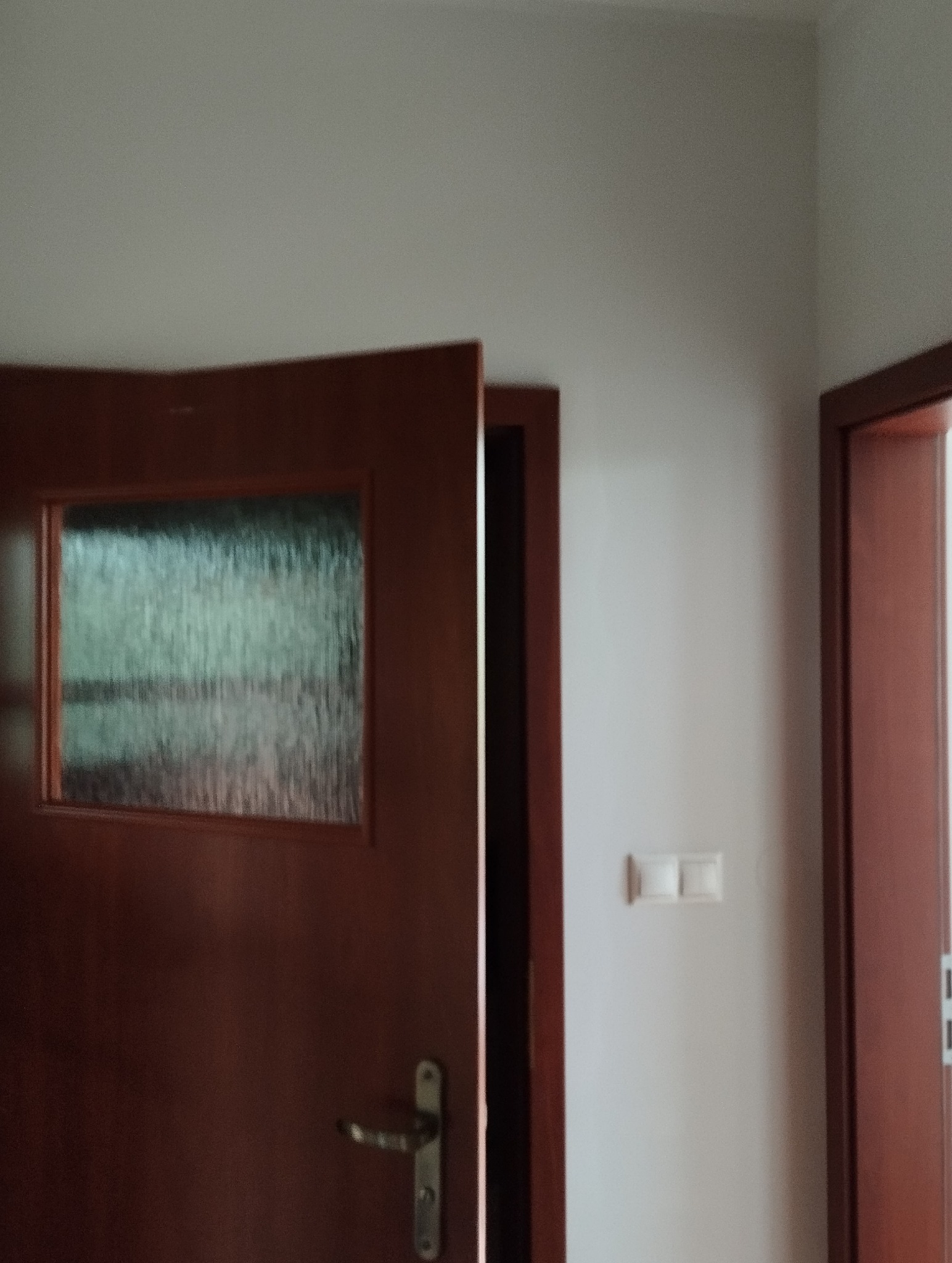 Otwarta, brązowa, drewniana stolarka drzwiowa z szybą w kadrze. Widoczny fragment ściany z włącznikiem światła i framuga drugich drzwi.