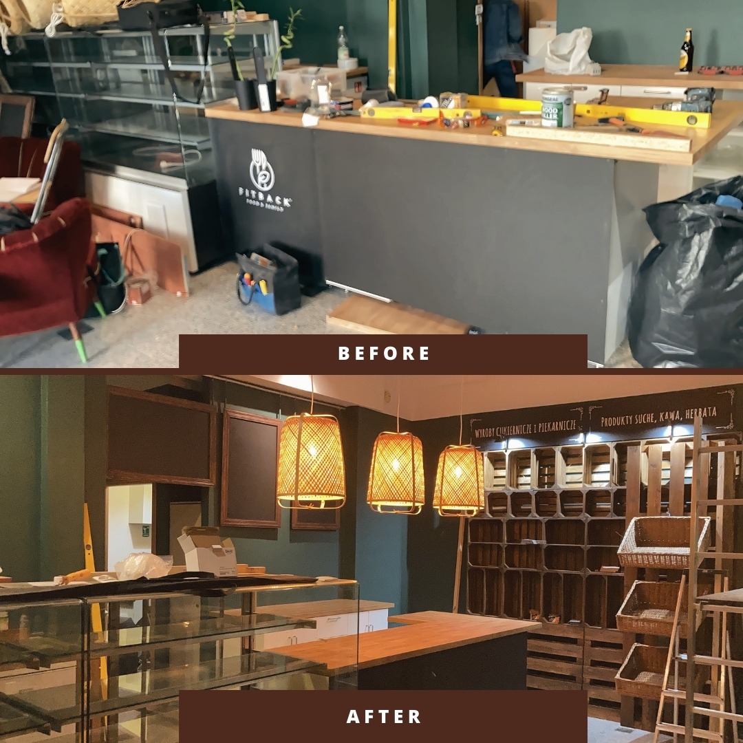 Porównanie stanu 'przed' i 'po' aranżacji wnętrza kawiarni: widok na ladę i regały z ekspozycją produktów, z widocznymi narzędziami i bałaganem przed aranżacją oraz uporządkowanym wnętrzem po jej...