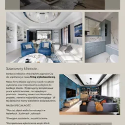 Kolaż prezentujący wnętrza: salon z niebieskimi akcentami, łazienka z szarą zabudową i salon z ciemną sofą, całość w stonowanej kolorystyce i nowoczesnym stylu.