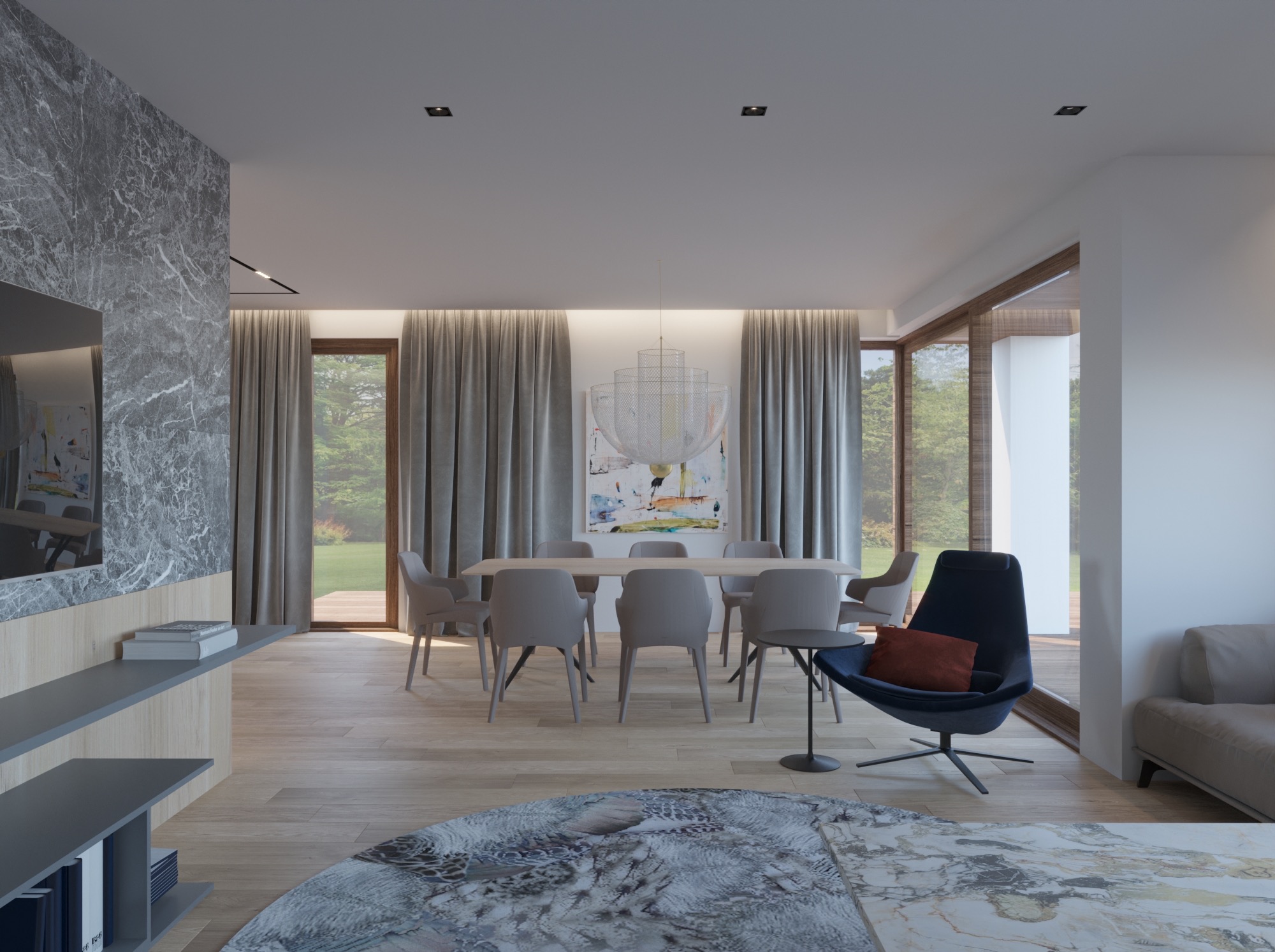 Nowoczesne wnętrze salonu z marmurową ścianą, drewnianą podłogą, okrągłym dywanem i dużym oknem z widokiem na zieleń.