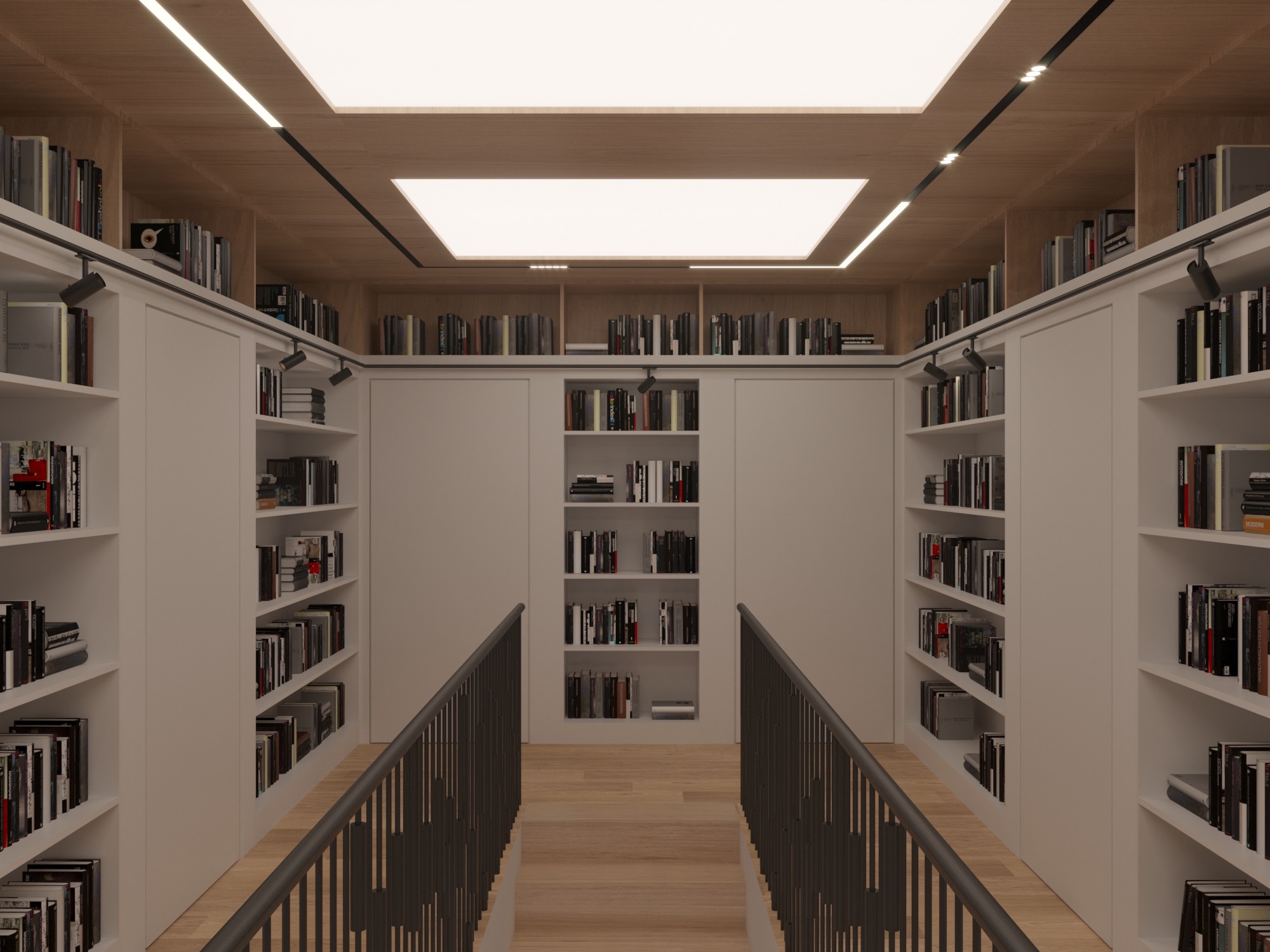Białe, wbudowane regały na książki z oświetleniem punktowym na górze, drewniany sufit z kwadratowym panelem LED, widok z góry schodów z metalową balustradą.