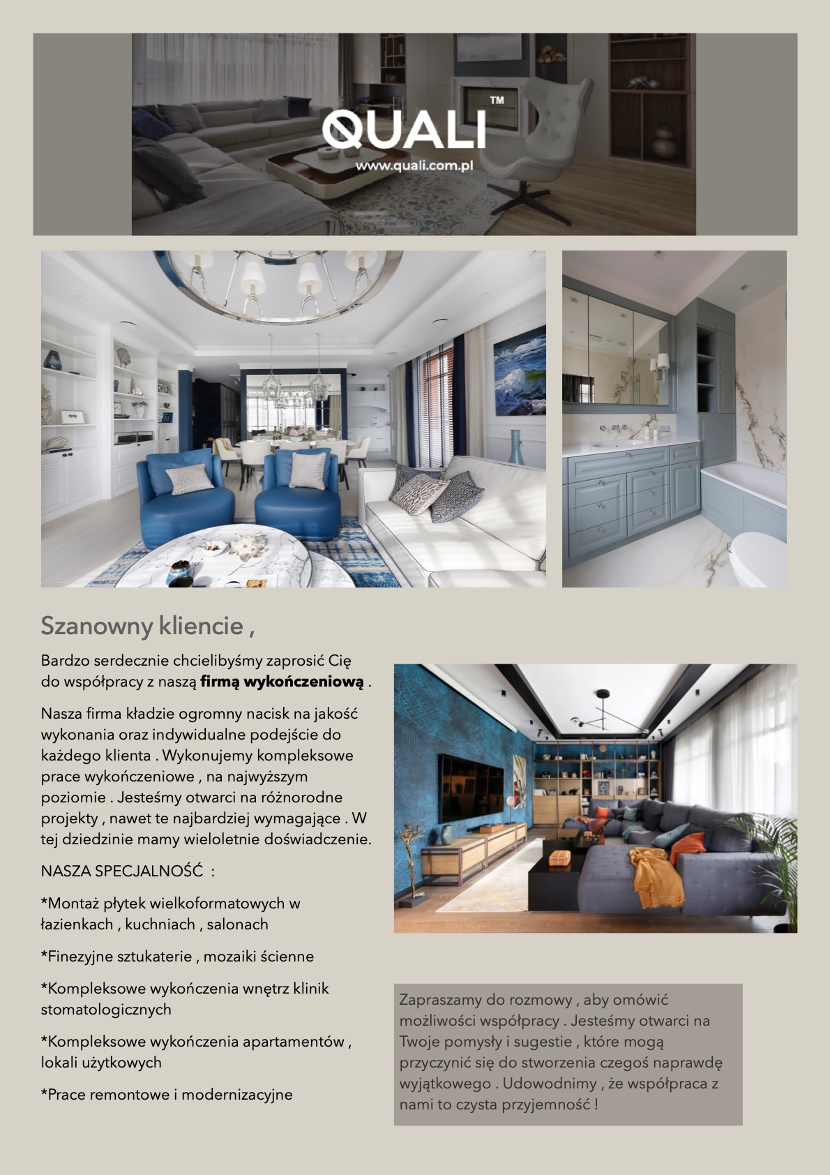 Kolaż prezentujący wnętrza: salon z niebieskimi akcentami, łazienka z szarą zabudową i salon z ciemną sofą, całość w stonowanej kolorystyce i nowoczesnym stylu.