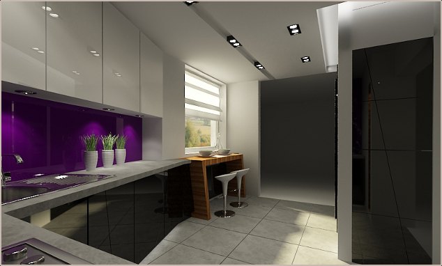 Wizualizacja nowoczesnej kuchni z purpurowym panelem nad blatem, białymi szafkami górnymi, czarnymi szafkami dolnymi, drewnianym barkiem i szarymi płytkami podłogowymi.