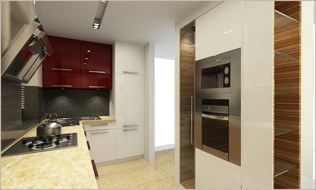 Nowoczesna kuchnia z białymi i bordowymi szafkami, jasnym blatem, płytą gazową z czajnikiem i zabudowanym piekarnikiem z mikrofalówką.