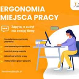 Grafika: Ergonomia miejsca pracy. Oferta audytu dla firm, inwestycja w zdrowie i komfort pracowników, efektywność pracy. Kobieta pracuje przy biurku z komputerem.