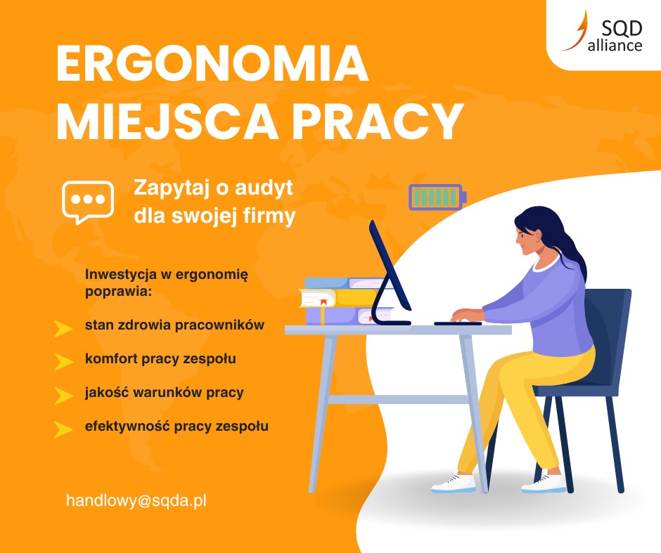 Grafika: Ergonomia miejsca pracy. Oferta audytu dla firm, inwestycja w zdrowie i komfort pracowników, efektywność pracy. Kobieta pracuje przy biurku z komputerem.