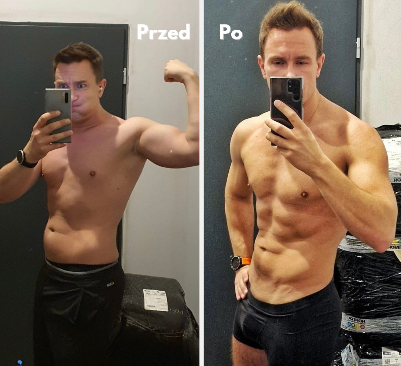 Mężczyzna prezentuje transformację sylwetki 'przed' i 'po' treningu, trzymając telefon i robiąc selfie. Widoczne zmiany w definicji mięśni i ogólnej kondycji.