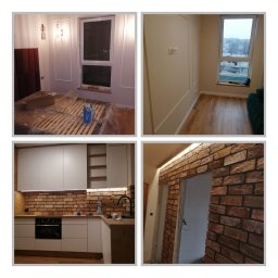 REMMARO - Kolaż: pokój przed remontem, wykończona podłoga, kuchnia z ceglaną ścianą i ceglane obramowanie drzwi. Widoczne etapy prac wykończeniowych.