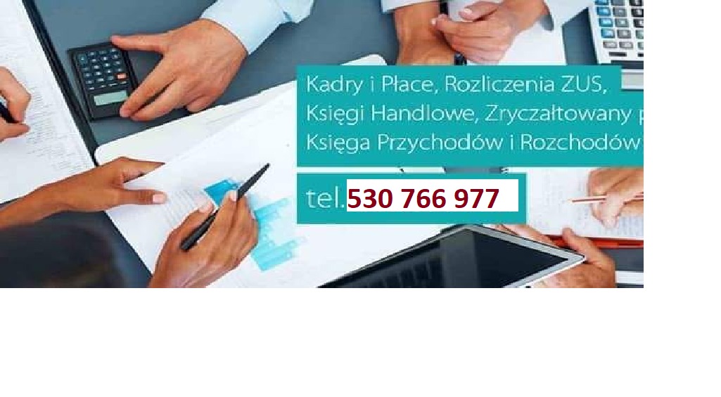 Zespół osób pracujących nad dokumentami finansowymi, kalkulator, tablet i materiały biurowe na stole, kontaktowy numer telefonu na pierwszym planie.