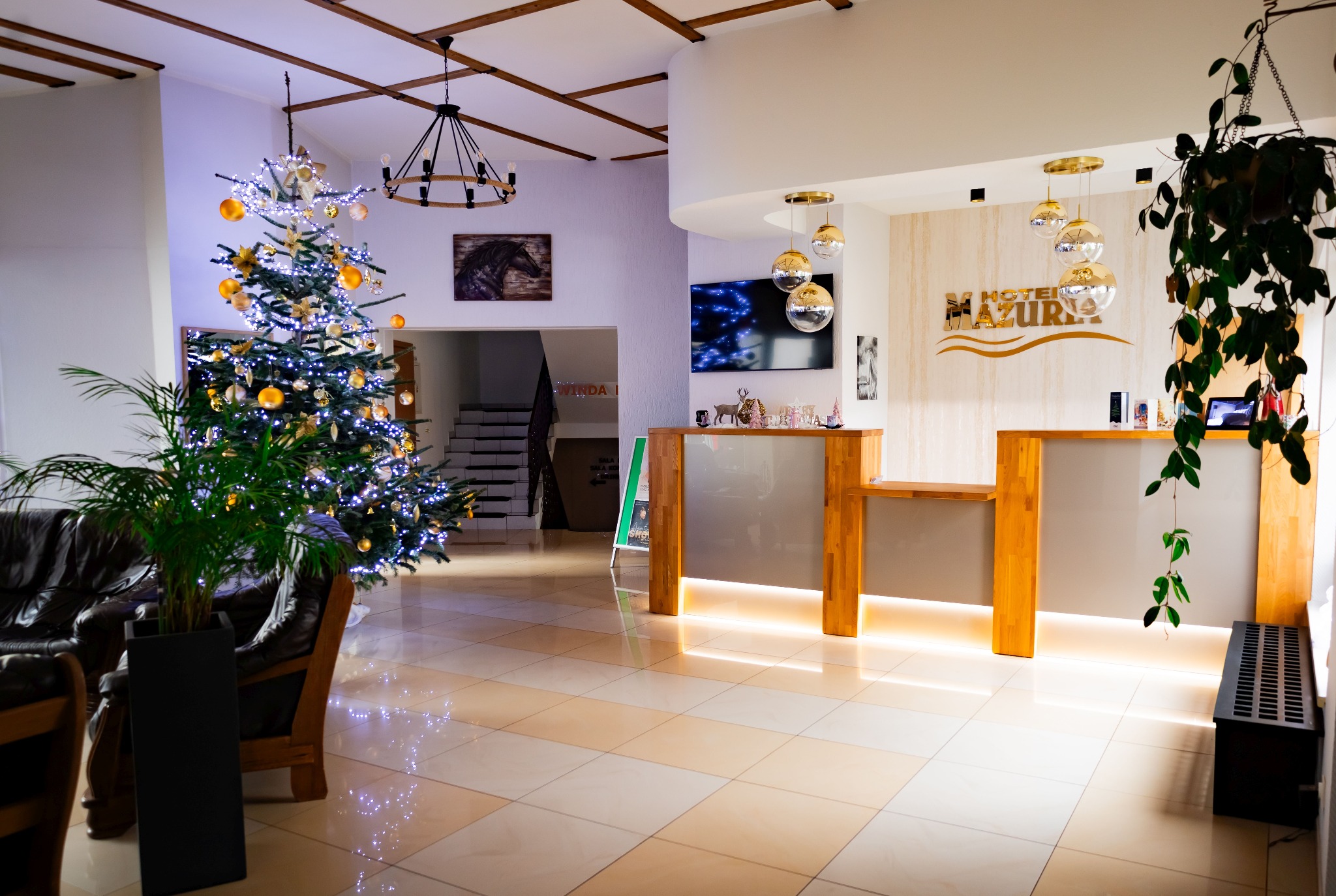 Jasne, przestronne lobby hotelowe z recepcją, dekoracjami świątecznymi, w tym choinką z białymi światełkami i złotymi bombkami, oraz roślinami doniczkowymi; widoczny napis 'Hotel Mazuria'...