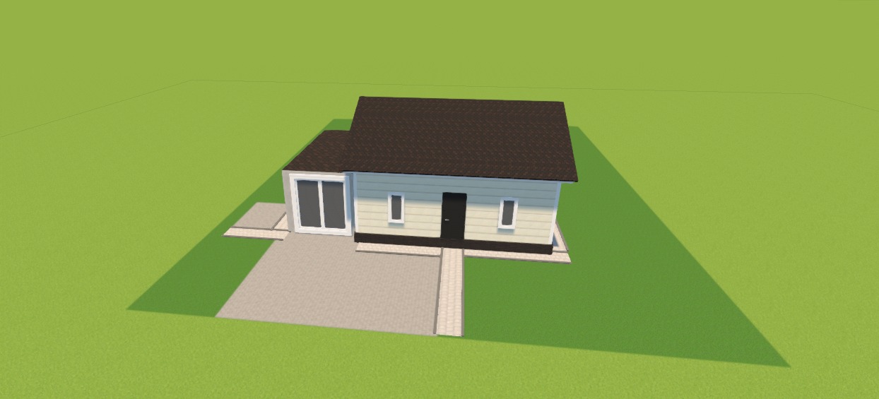 Wizualizacja 3D domu z beżową elewacją, brązowym dachem i szarą kostką brukową tworzącą podjazd i ścieżkę.