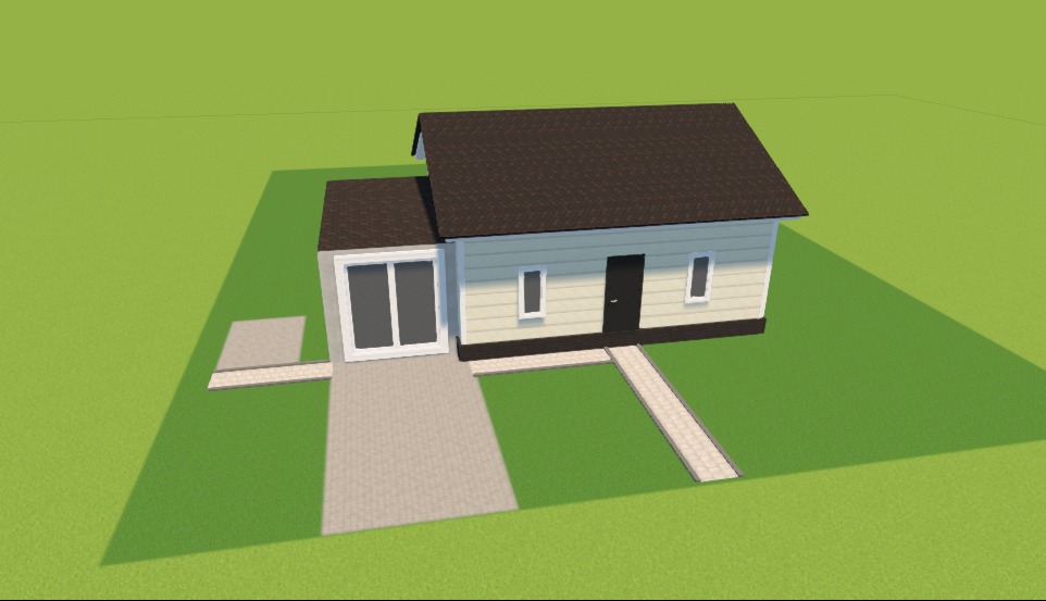 Wizualizacja domu z kostką brukową na podjeździe i ścieżce, otoczonego trawnikiem.