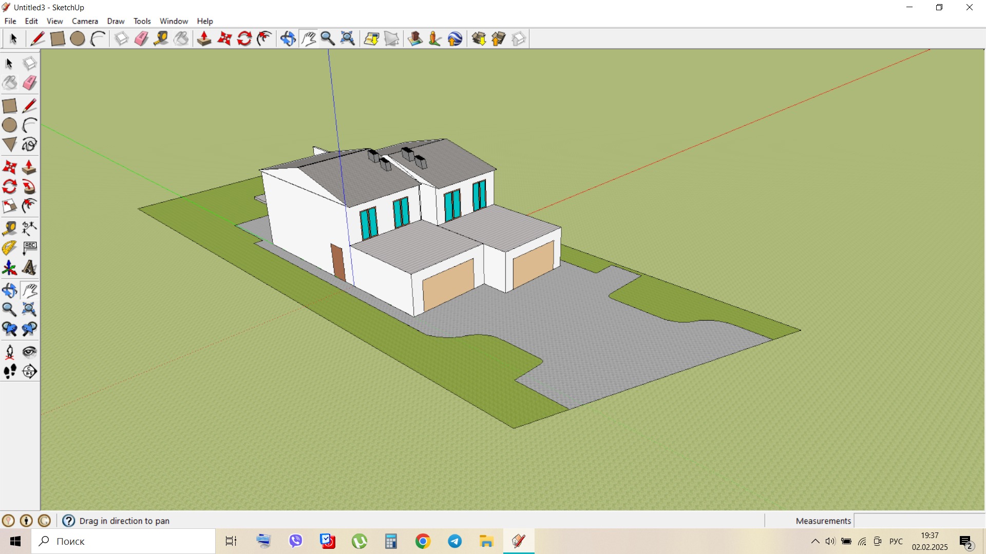 Wizualizacja 3D domu dwukondygnacyjnego z dwoma garażami, z kostką brukową na podjeździe, wykonana w programie SketchUp.
