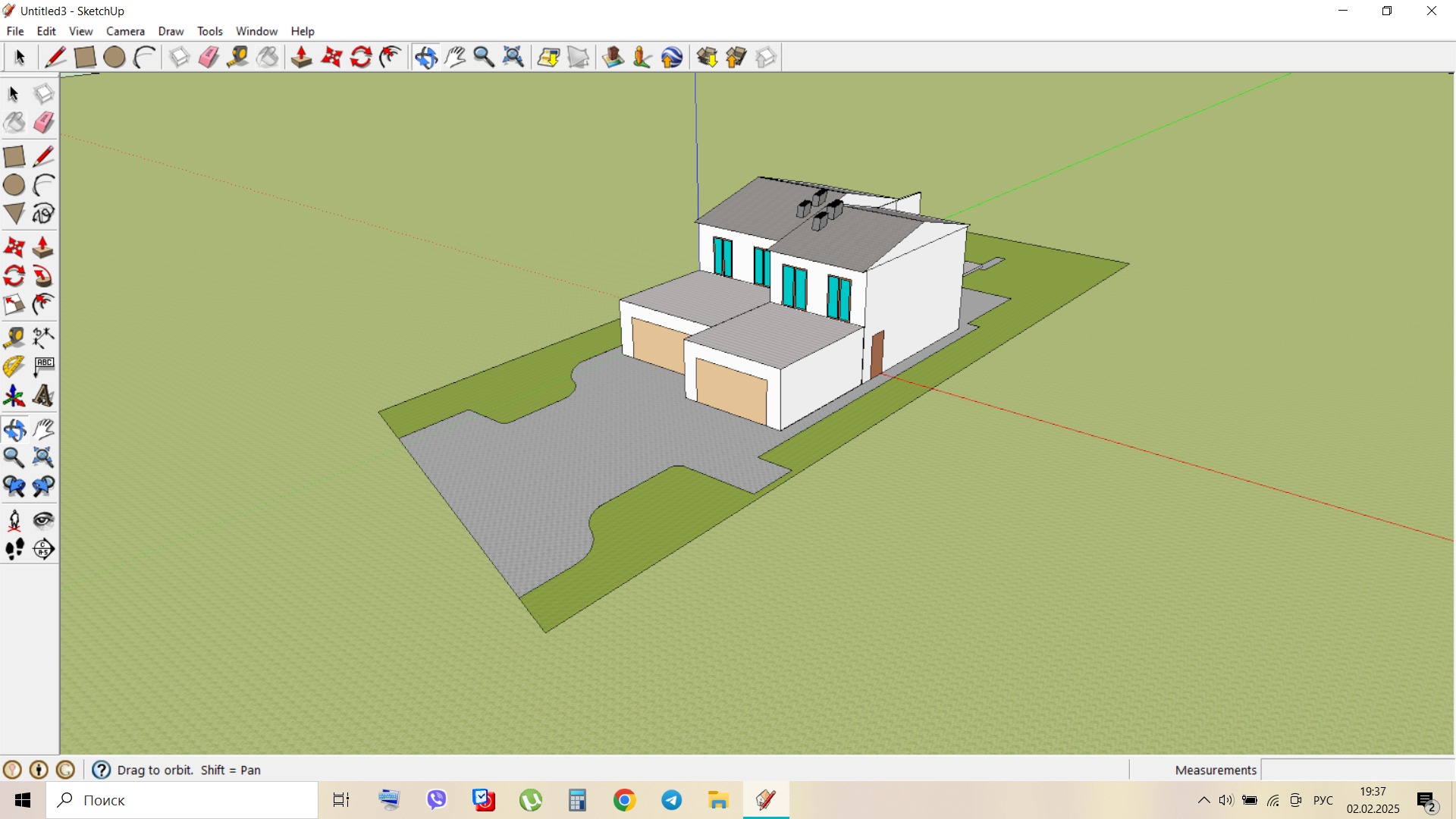 Wizualizacja 3D domu jednorodzinnego z dwoma garażami, widok z góry, szara kostka brukowa na podjeździe, wykonana w programie SketchUp.