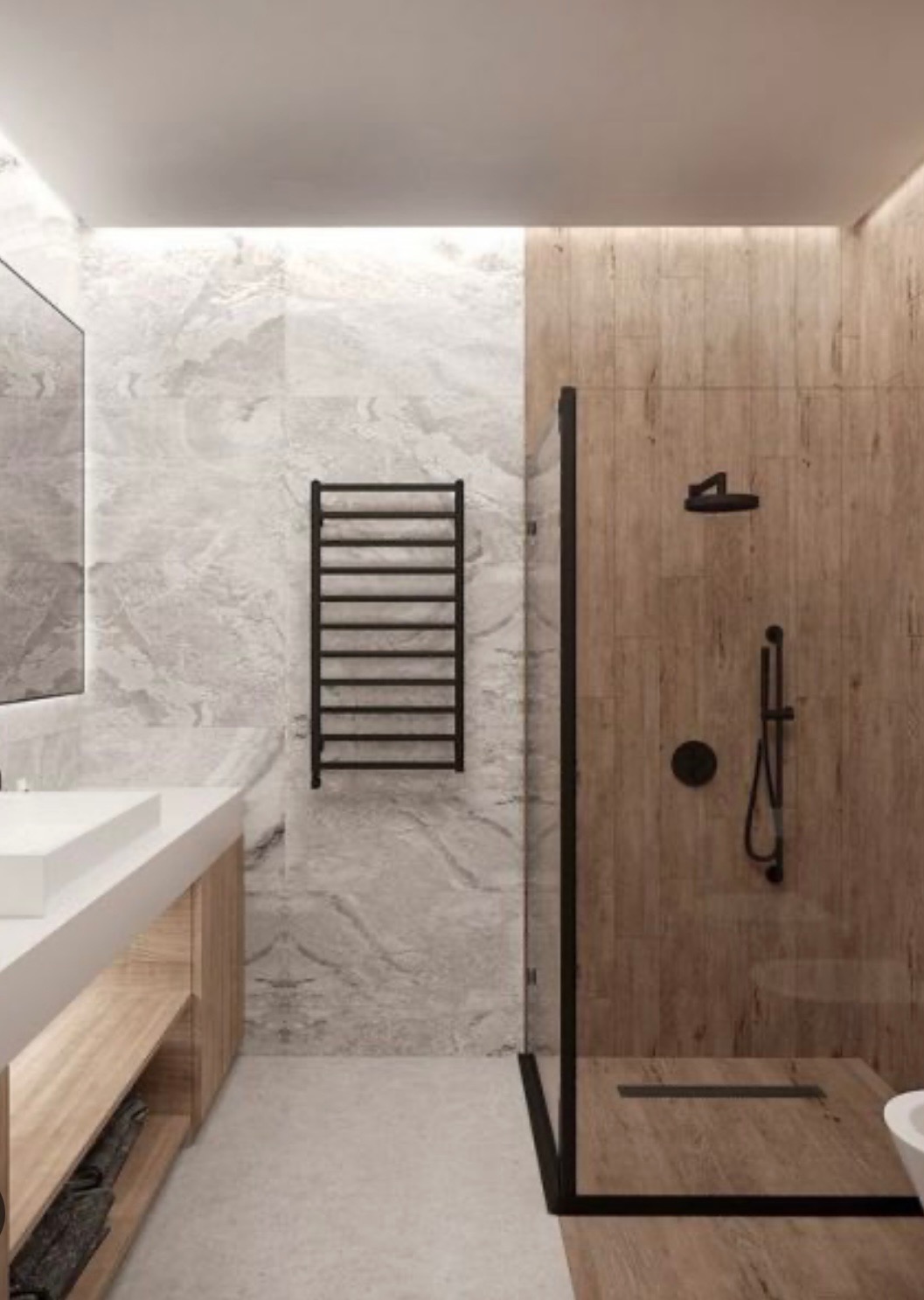 Nowoczesna łazienka z kabiną prysznicową typu walk-in, marmurową ścianą, drewnopodobnymi płytkami w strefie prysznica i czarnymi armaturami oraz grzejnikiem drabinkowym.