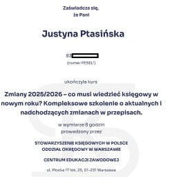 Zaświadczenie o ukończeniu kursu dla księgowych 'Zmiany 2025/2026' przez Justynę Ptasińską, wydane przez Stowarzyszenie Księgowych w Polsce.