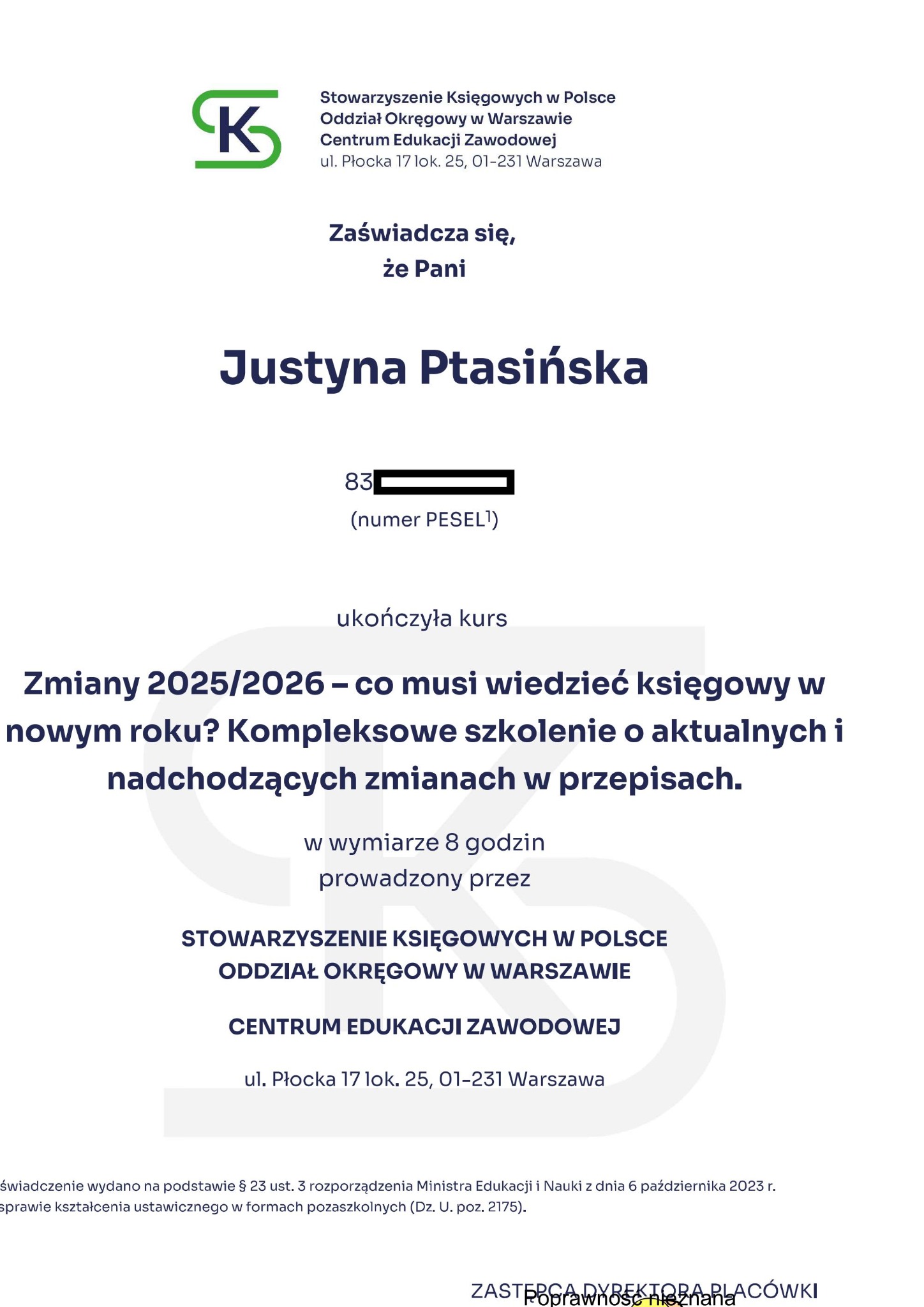 Zaświadczenie o ukończeniu kursu dla księgowych 'Zmiany 2025/2026' przez Justynę Ptasińską, wydane przez Stowarzyszenie Księgowych w Polsce.