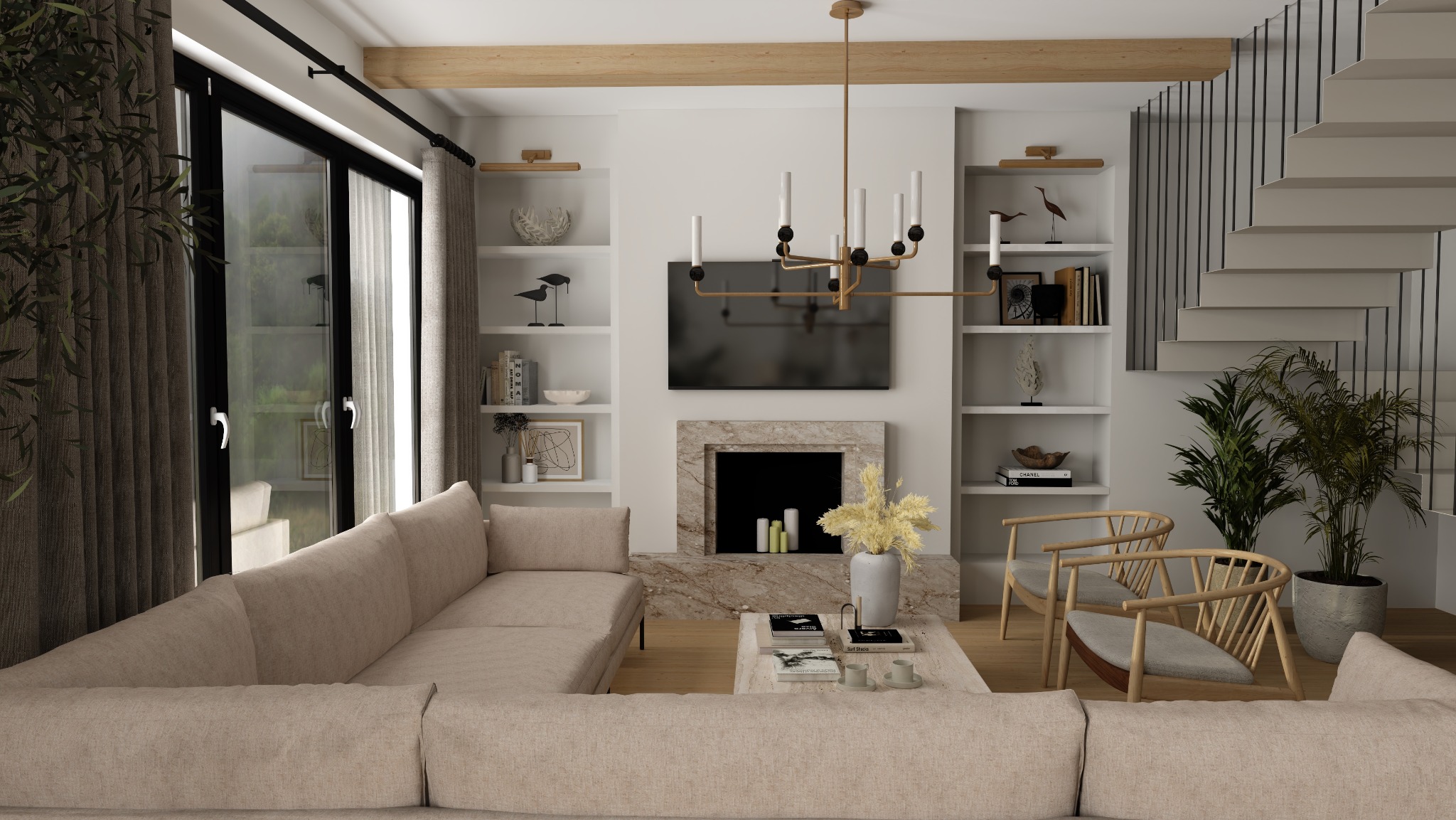 Jasny salon z beżową sofą, marmurowym kominkiem i drewnianymi akcentami. Nowoczesny żyrandol, białe półki i schody dodają elegancji. Rośliny ożywiają przestrzeń.