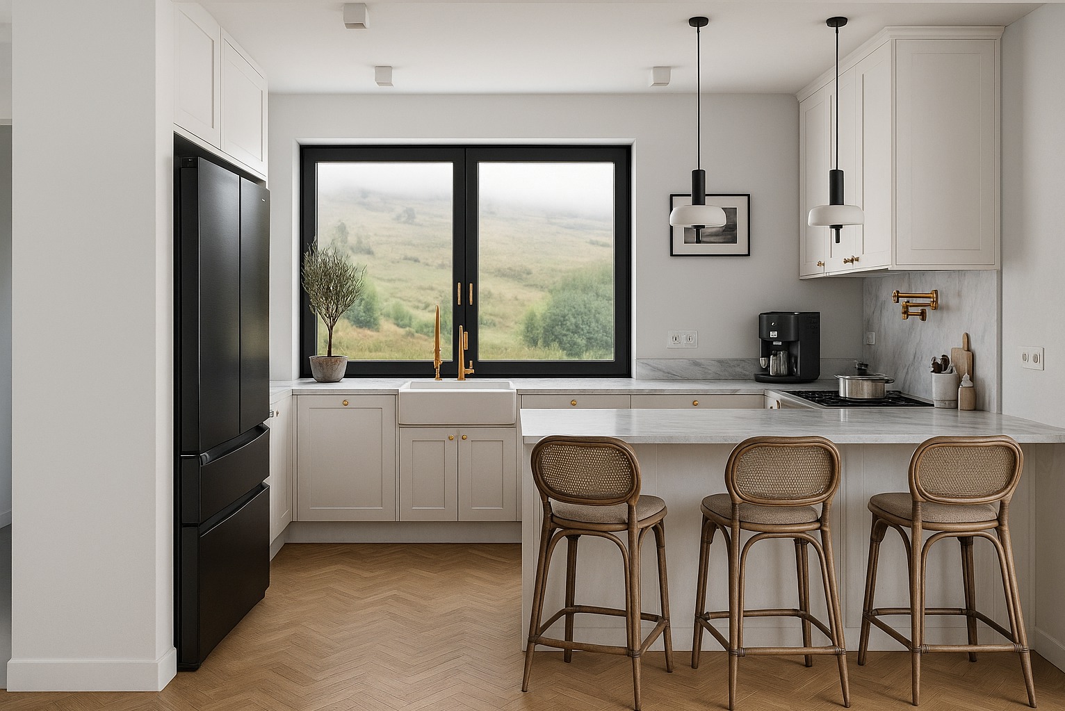 Jasna kuchnia z oknem na krajobraz: drewniana podłoga w jodełkę, marmurowy blat, rattanowe krzesła barowe, złota armatura i czarna lodówka.