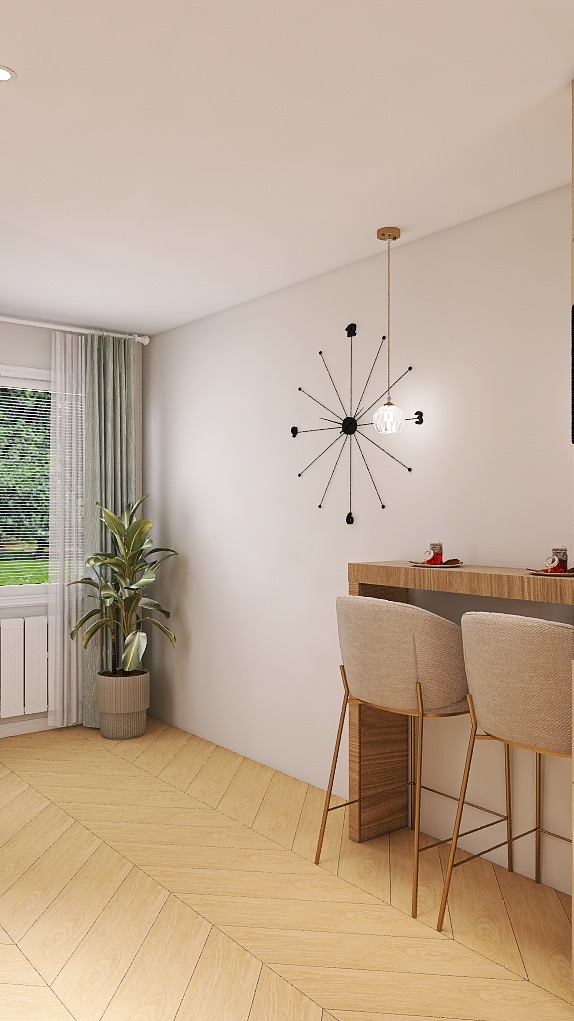 Jasne wnętrze z drewnianą podłogą w jodełkę, wysokimi krzesłami barowymi i designerską lampą sufitową. Roślina doniczkowa przy oknie.