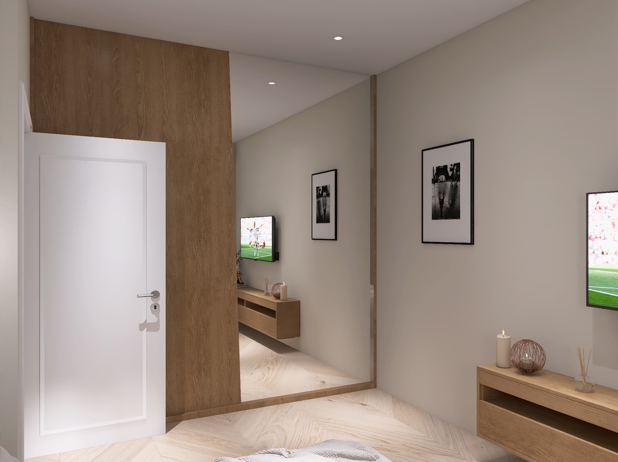 Nowoczesny salon z parkietem w jodełkę, lustrem powiększającym przestrzeń i drewnianymi akcentami. Telewizor i minimalistyczne dekoracje dopełniają aranżację.