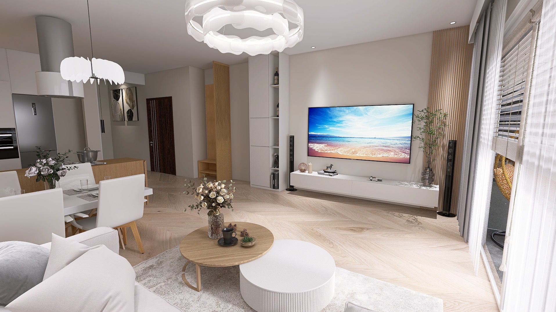 Jasne wnętrze mieszkania z drewnianą podłogą w jodełkę, białymi meblami i telewizorem wyświetlającym plażę. Widok na jadalnię i kuchnię. Nowoczesny design.