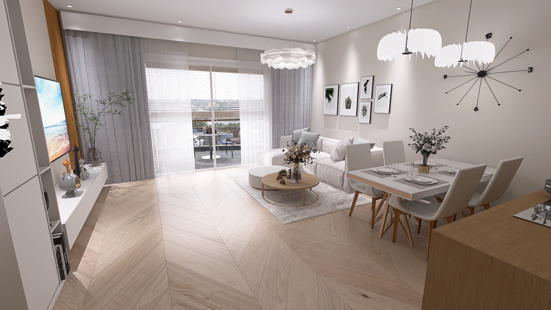 Jasne wnętrze mieszkania z parkietem w jodełkę, białym narożnikiem, stołem jadalnianym i dekoracjami ściennymi. Widok na balkon przez duże okno.