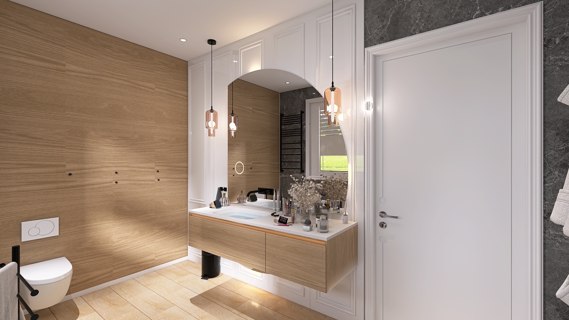 Nowoczesna łazienka z drewnianą ścianą, umywalką na szafce i lustrem w kształcie łuku, oświetlona wiszącymi lampami. Minimalistyczny design z elementami dekoracyjnymi.