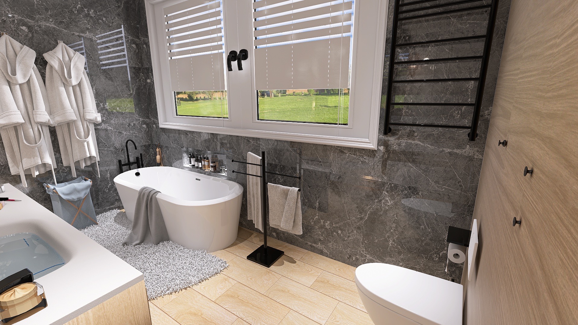 Nowoczesna łazienka z marmurowymi ścianami, wolnostojącą wanną, drewnianą podłogą i dużym oknem z widokiem na zieleń. Czarny grzejnik drabinkowy i armatura.