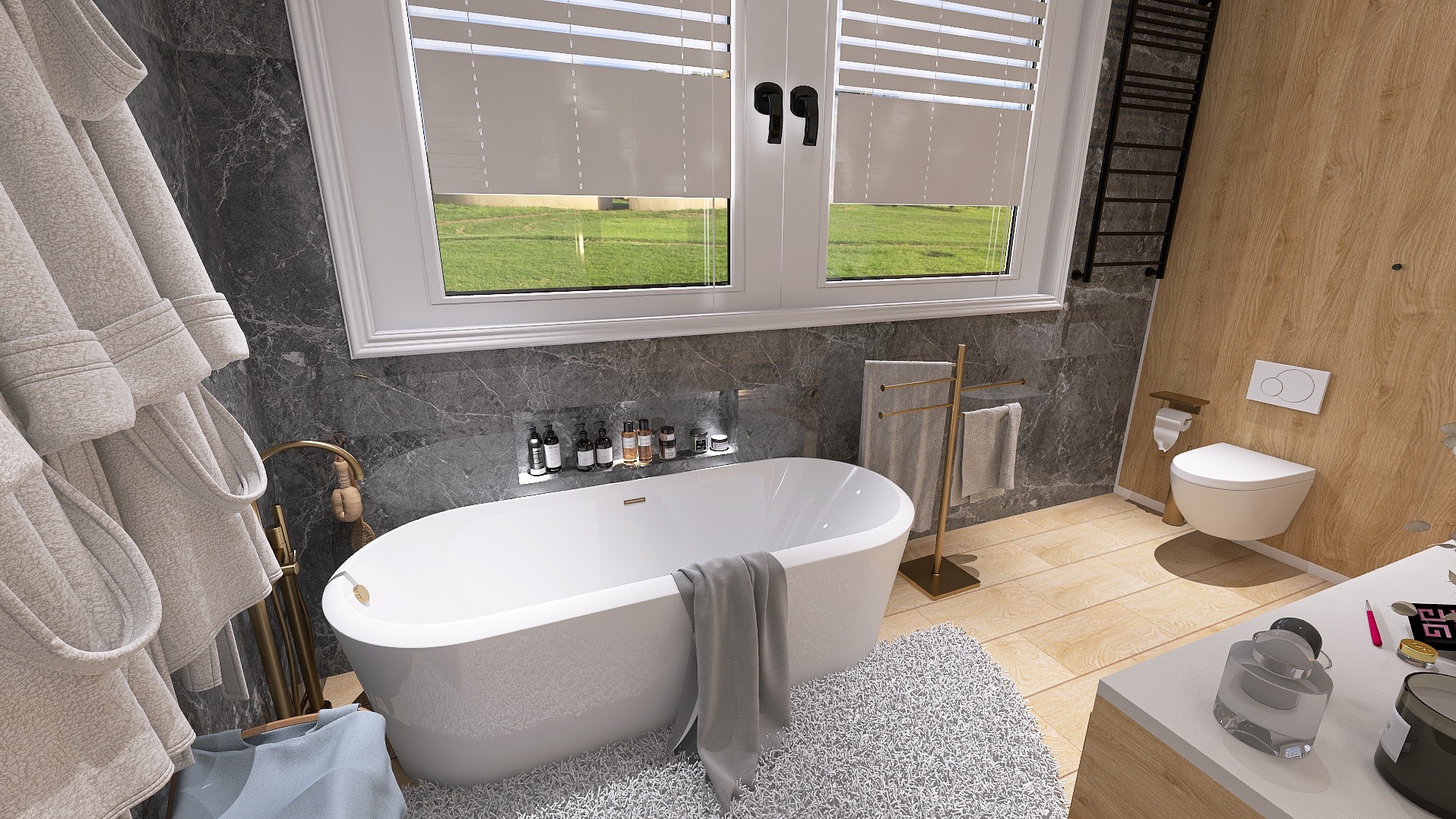 Nowoczesna łazienka z owalną wanną, szarą mozaiką i drewnianymi panelami. Widok na okno z żaluzjami i zielony krajobraz. Szary dywanik i złote akcenty.