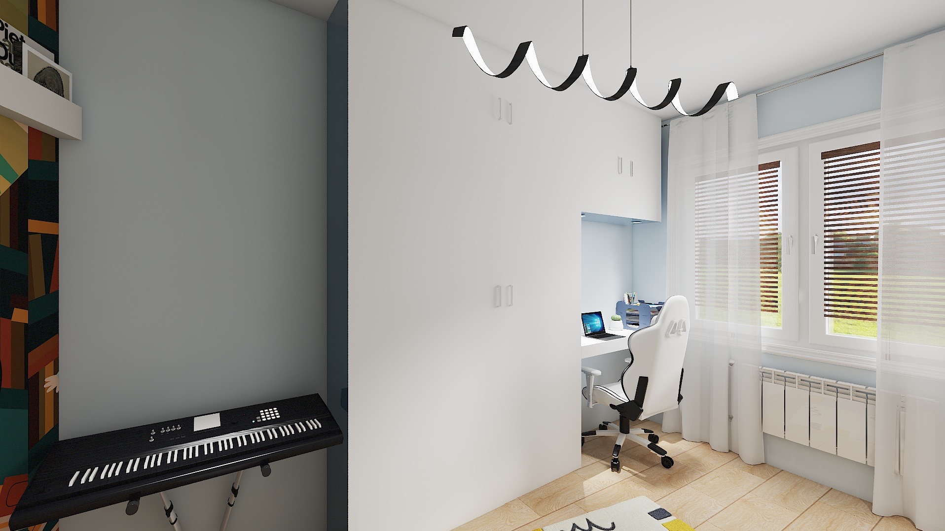 Nowoczesny pokój młodzieżowy z biurkiem, krzesłem gamingowym, klawiaturą i dekoracyjną lampą sufitową. Stonowana kolorystyka i minimalistyczny design.