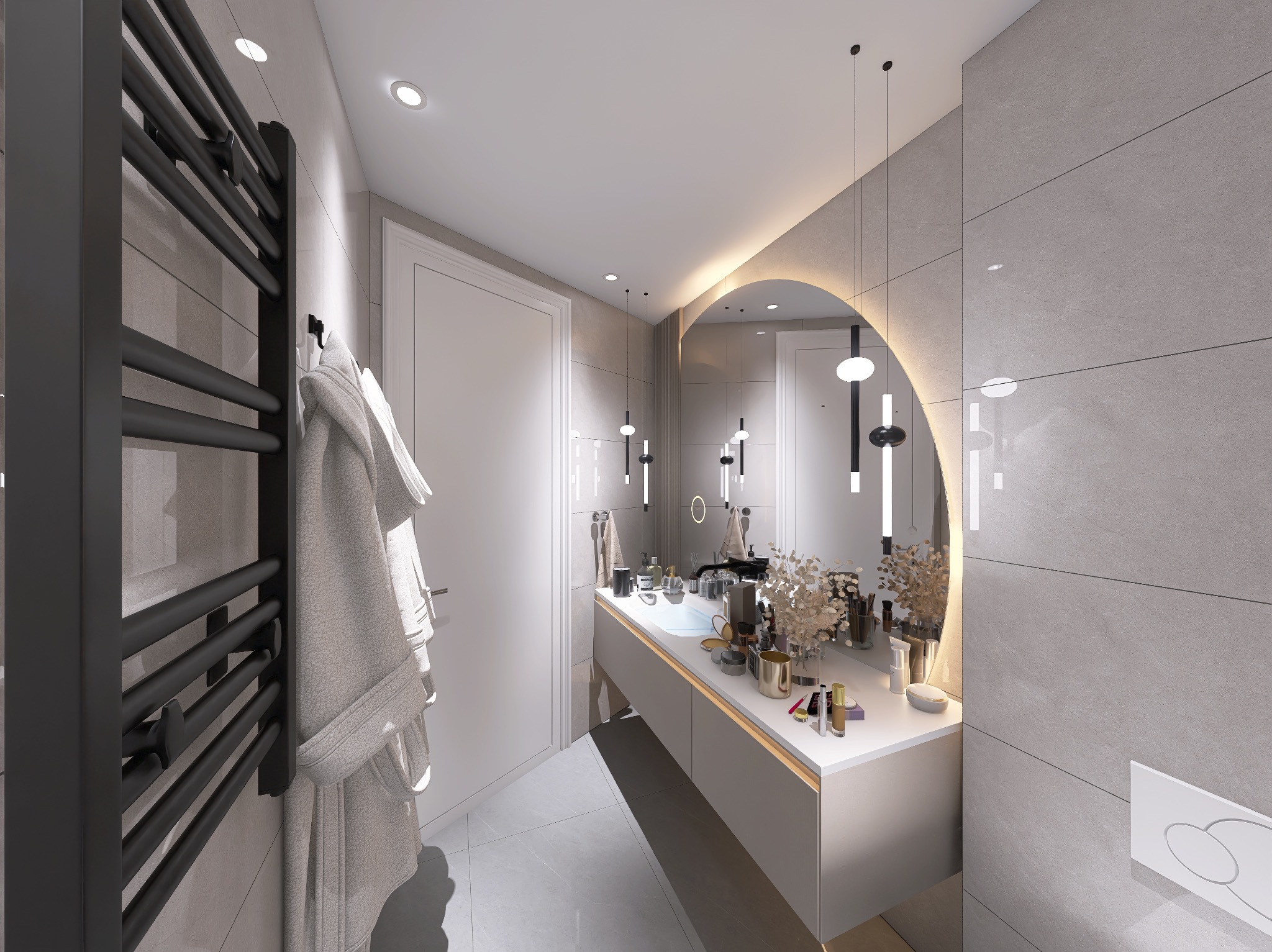 Nowoczesna łazienka z okrągłym lustrem podświetlanym LED, grzejnikiem drabinkowym i beżowymi płytkami. Umywalka z kosmetykami i dekoracjami.