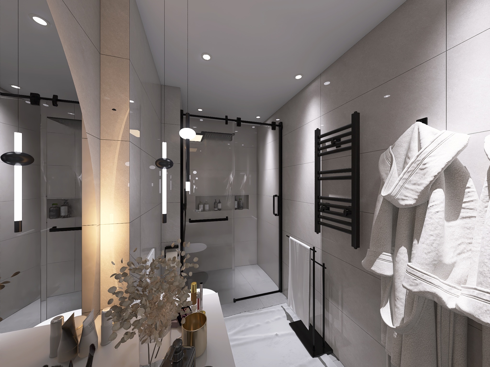 Nowoczesna łazienka w odcieniach szarości z kabiną typu walk-in, czarnymi akcentami i dekoracyjnymi lampami. Na blacie wazon z suszonymi kwiatami i kosmetyki.